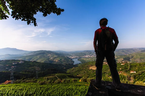 Homem Viajante Fica Penhasco Com Vista Para Rio Vinhas Estão — Fotografia de Stock