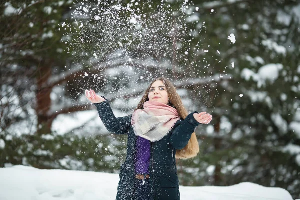 Дівчина Грає Снігом Дивовижну Зиму — стокове фото