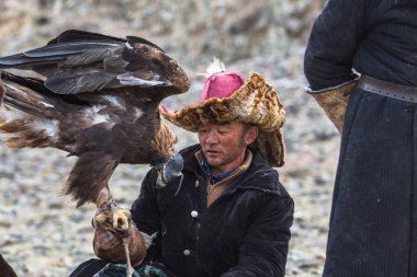 Sagsay, Moğolistan - Eyl 30, 2017: Kazak avcı altın kartal - Berkutchi, Batı Moğolistan çöl eteklerinde ile tavşan için.