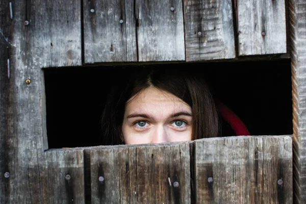 Femme Enfermée Dans Une Vieille Grange Bois Triste Regarde Fente — Photo