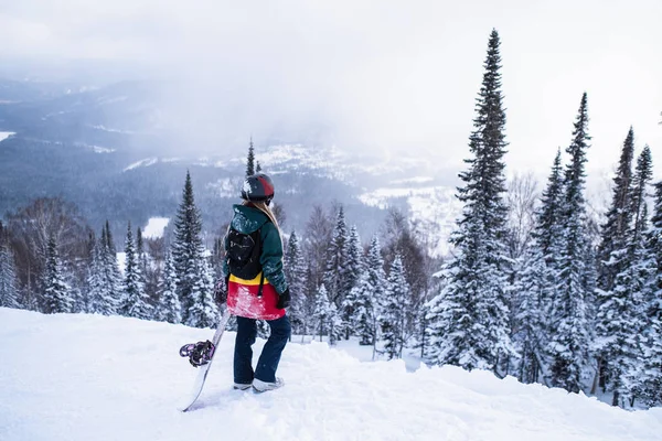 Сноубордистка Фрирайдер Сноубордом Горах Стоит Снежном Склоне Глядя Альпийские Елки — стоковое фото