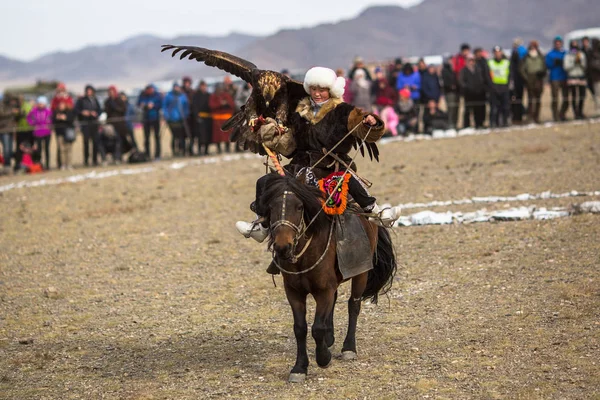 Sagsay Mongolei September 2017 Berkutchi Kasachischer Jäger Mit Steinadler Bei — Stockfoto