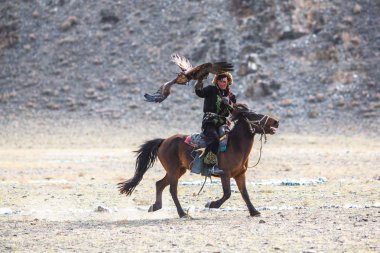 Sagsay, Moğolistan - Eyl 30, 2017: Berkutchi - kazak avcı ise avcılık hare içinde çöl Dağ Batı Moğolistan için altın kartal ile.