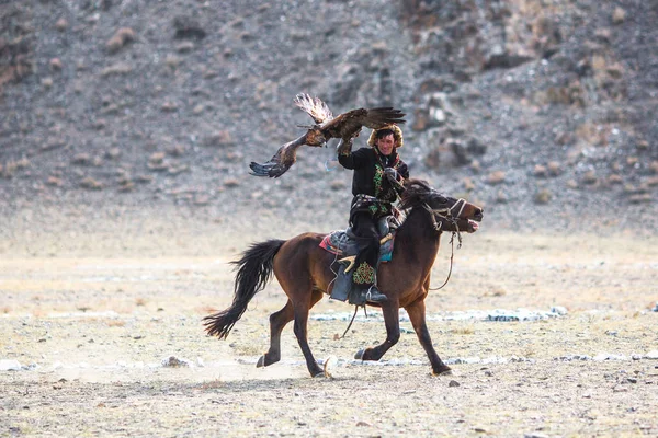 Sagsay Mongolia Sep 2017 Berkutchi Cazador Kazajstán Con Águila Real — Foto de Stock
