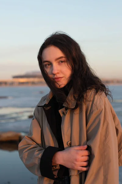 Portrait Beautiful Girl Photo Shoot River Winter — Stock Photo, Image