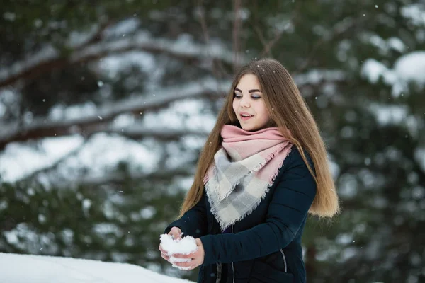 冬の素晴らしい公園で雪と遊んで面白い女の子 — ストック写真