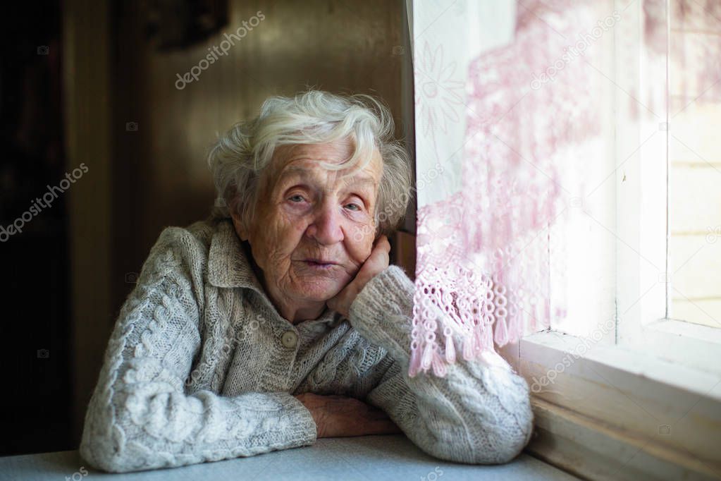 Gray haired elderly woman portrait at home.