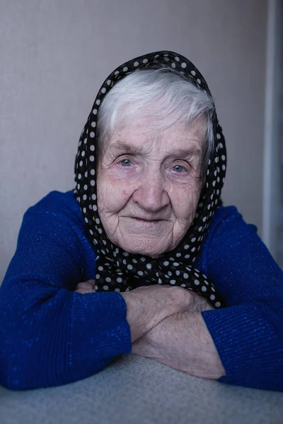 Closeup Portrait Old Woman Scarf Her Head — Stock Photo, Image