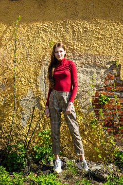 Genç kız eski tuğla duvar yakınında poz.