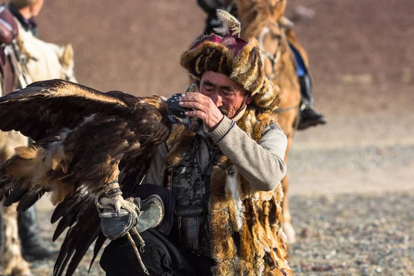 Sagsay Mongolia Sep 2017 Berkutchi Cazador Kazajstán Con Águila Real — Foto de Stock