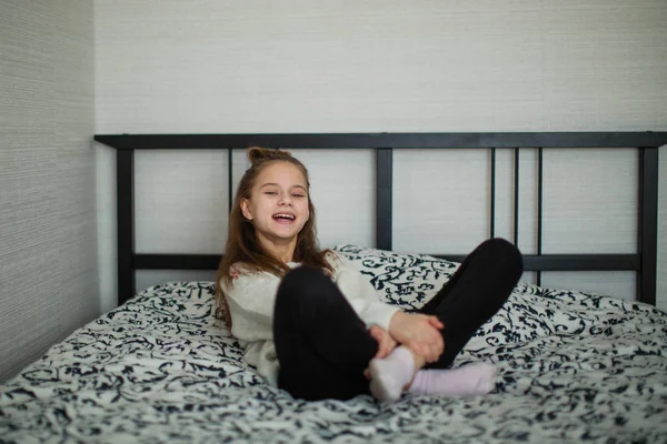 Twelve Year Old Girl Sitting Having Fun Bed Her Room — Stok fotoğraf