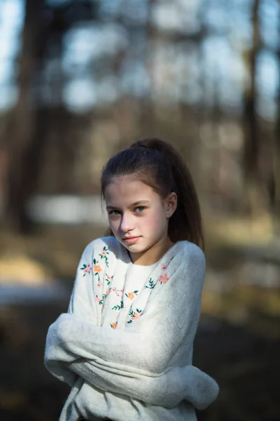 Πορτρέτο Του Χαριτωμένο Δώδεκα Χρονών Κορίτσι Στο Πάρκο — Φωτογραφία Αρχείου