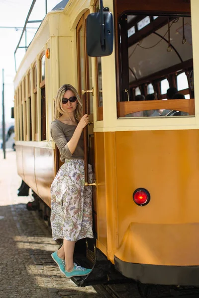 Young Woman Stands Footboard Old Tram — Stock Photo, Image