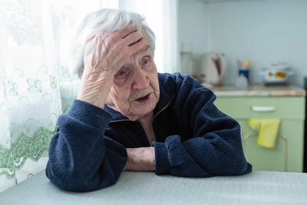 Frustrated Gray Haired Old Woman Sitting Home Table — Stock Photo, Image