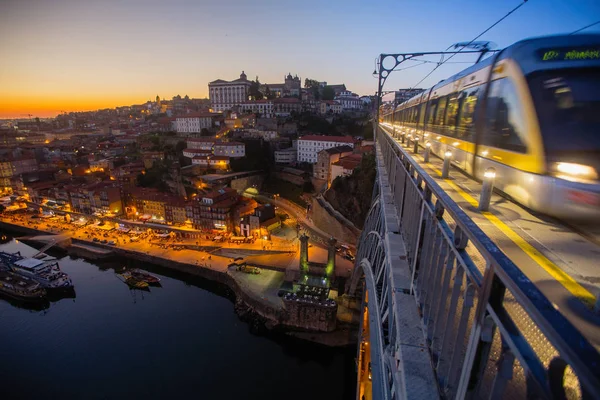 Vista Superior Rio Douro Ribeira Ponte Ferro Dom Luis Noite — Fotografia de Stock