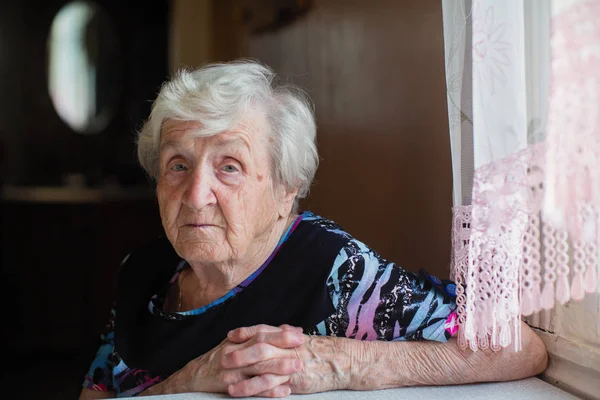 Portrait Elderly Woman Slavic Appearance Her House — Stock Photo, Image