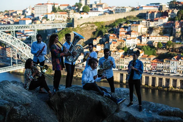 Groep Muzikanten Jazz Band Muziek Spelen Het Oude Porto Portugal — Stockfoto