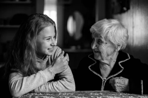 Little Cute Girl Grandmother House Black White Photo — Stock Photo, Image