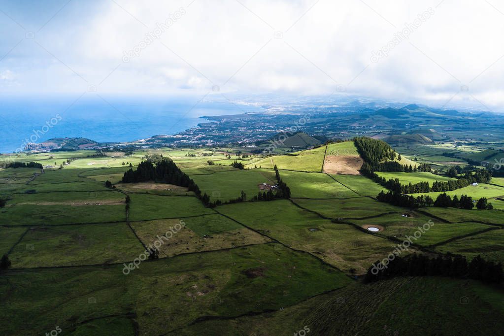 View of the San Miguel island fields on Azores, Portugal. 