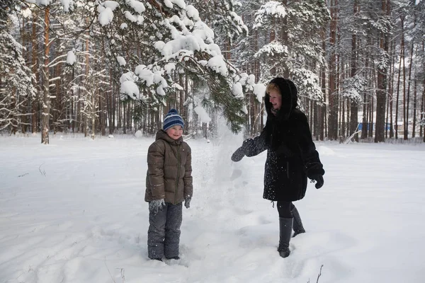 Jeune Femme Jouant Avec Petit Fils Dans Une Forêt Enneigée — Photo