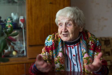 Parlak giysiler içinde gri saçlı yaşlı kadın portresi.