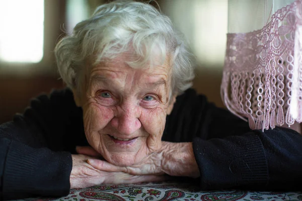 Close Portrait Old Elderly Positive Woman Gray Hair — Stock Photo, Image