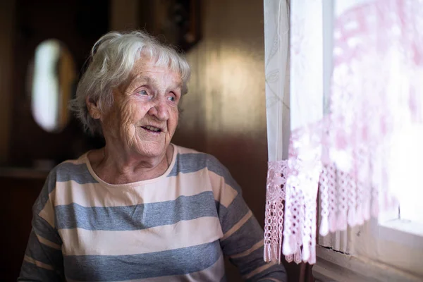 Elderly Woman Sits Window — Stock Photo, Image