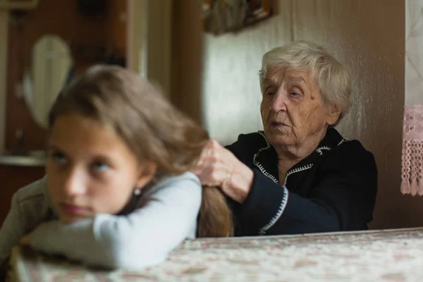 Elderly Woman Spending Time Her Cute Granddaughter Visiting Granny — Stock Photo, Image