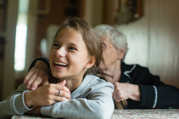 Old Woman Spending Time Her Cute Granddaughter Visiting Granny — Stock Photo, Image