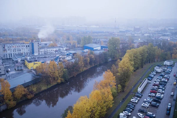 Vista Superior Área Industrial Cidade Com Fábricas Poluição Problemas Ambientais — Fotografia de Stock