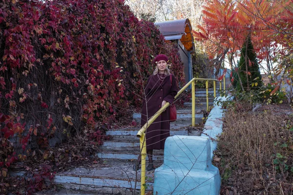 身穿秋衣的年轻女子站在街道楼梯上 上铺着落下来的红黄相间的树叶 — 图库照片
