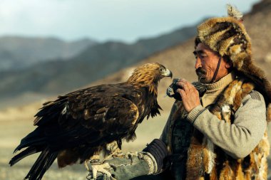 BAYAN-OLGII, MONGOLIA - SEP 28, 2017: Berkutchi (Kazak Kartal Avcısı) Bayan-Olgii aimag dağlarında kollarında altın kartallarla avlanırken. 
