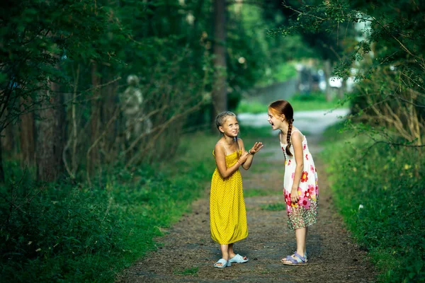 Deux Petites Amies Amusent Bavarder Dans Parc Pins — Photo