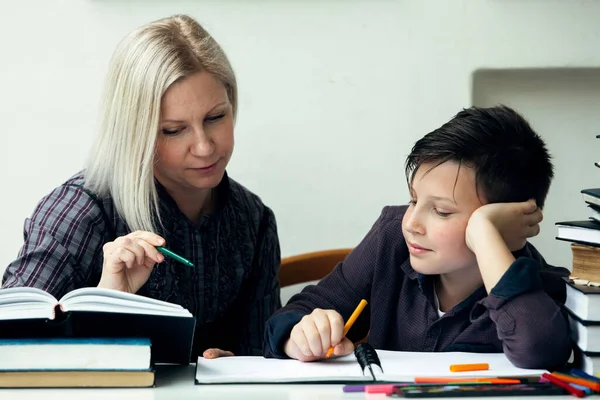 Schoolboy Tutor Sits Table Does Homework — Stock Photo, Image