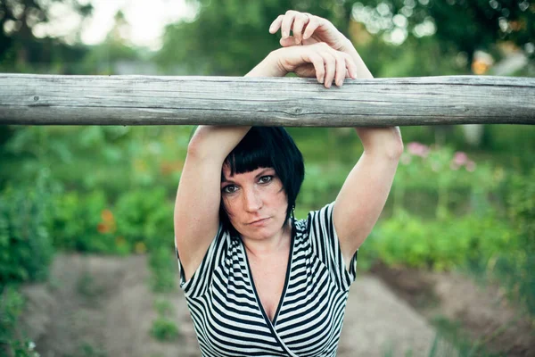 Portrait Black Haired Woman Standing Village Outdoors — Stock Photo, Image