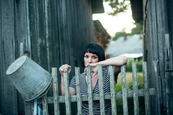 Portrait Black Haired Woman Standing Village Wooden Fence — Stock Photo, Image