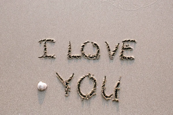 Love You Desenhado Praia Areia Com Onda — Fotografia de Stock