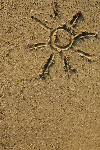 Solen Ritad Fingrar Stranden Sand — Stockfoto