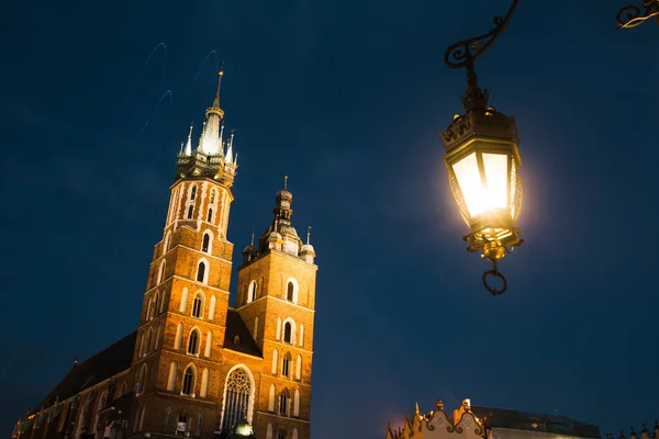 Mary Church Het Krakau Marktplein Nacht Polen — Stockfoto