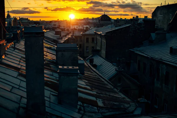 Utsikt Över Taken Sankt Petersburgs Gamla Stad Solnedgången Ryssland — Stockfoto