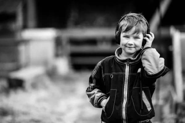 Little Boy Headphones Outdoors Black White Photography — Stock Photo, Image