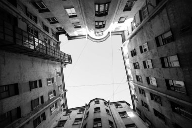 St. Petersburgdaki tipik bir bahçe kuyusu manzarası. Siyah beyaz fotoğraf..