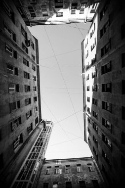 St. Petersburg 'un eski bölgesinde tipik bir bahçe kuyusu. Siyah beyaz fotoğraf..