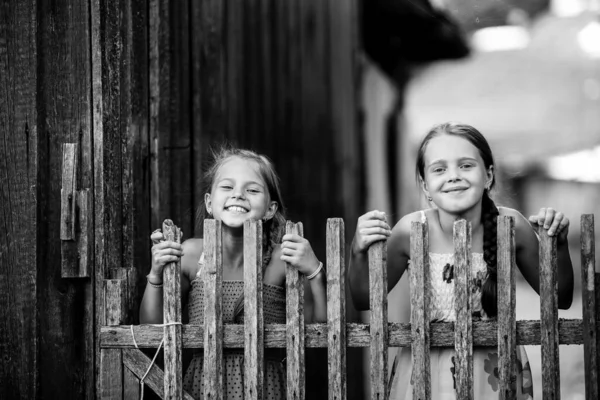 Δύο Δεκάχρονα Κορίτσια Που Ποζάρουν Κοντά Ένα Ρουστίκ Ξύλινο Φράχτη — Φωτογραφία Αρχείου