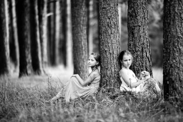 Twee Leuke Kleine Meisjes Het Park Zwart Wit Foto — Stockfoto