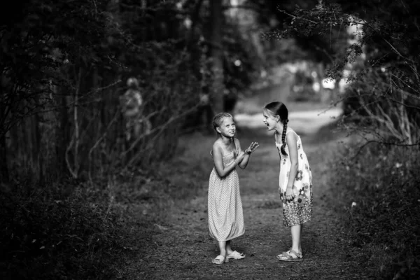 Aranyos Kislányok Izgatottan Beszélgetnek Parkban Fekete Fehér Fénykép — Stock Fotó