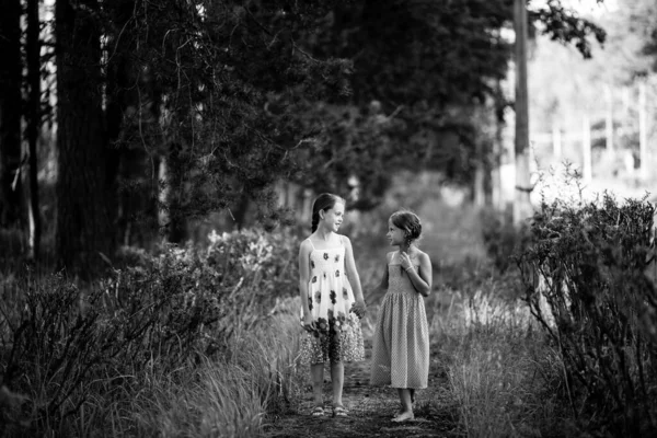 2人のガールフレンド10歳の女の子が公園を歩く 白黒写真 — ストック写真