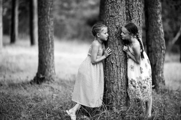 Dos Niñitas Amigas Parque Foto Blanco Negro — Foto de Stock