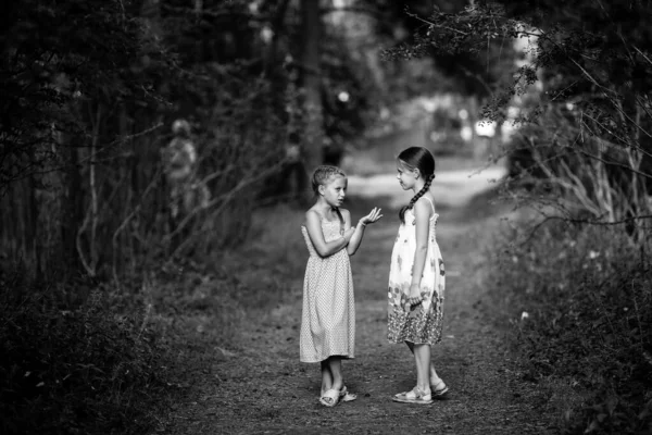 Mali Przyjaciele Ekscytujący Rozmawiają Stojąc Parku Czarno Białe Fotografie — Zdjęcie stockowe