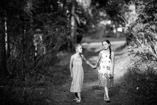 Two Little Girlfriends Park Black White Photo — Stock Photo, Image